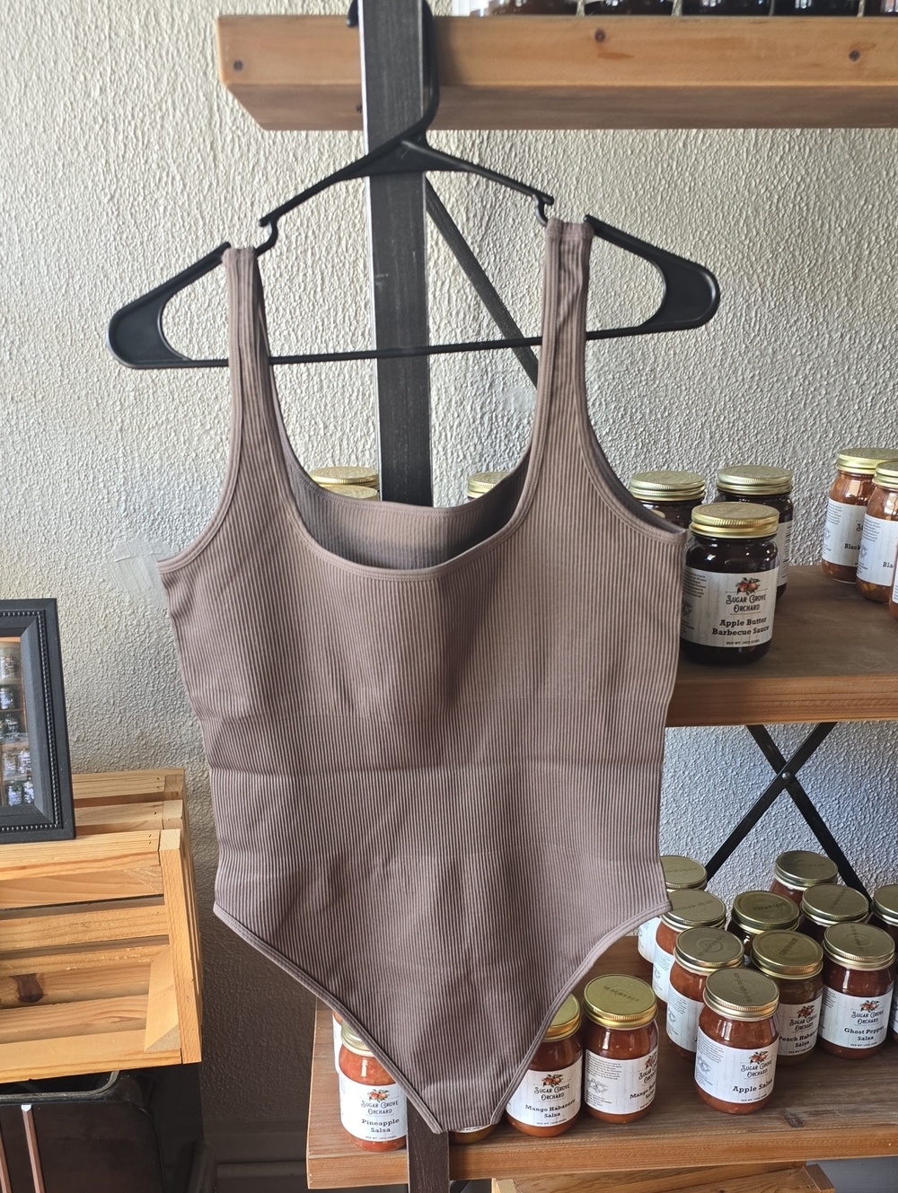 Ribbed Tank One-Piece Bodysuit in Taupe, Cream And Black